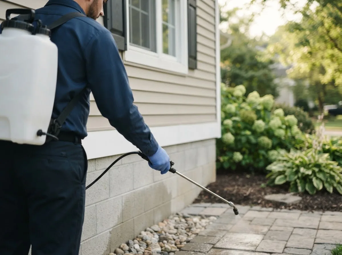 Pest control technician inspecting a home in Hanover, MI